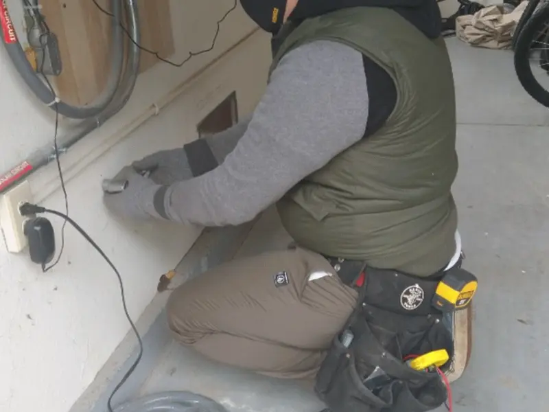 Electrician performing outlet wiring in a Easley garage